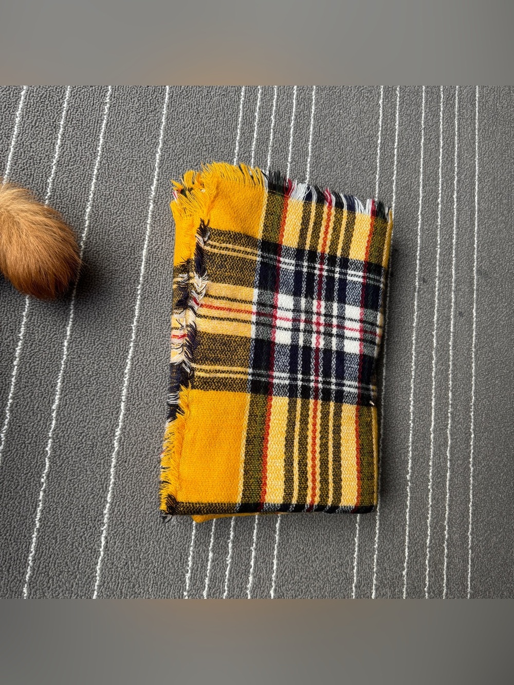 Yellow Square Plaid Fringe Scarf